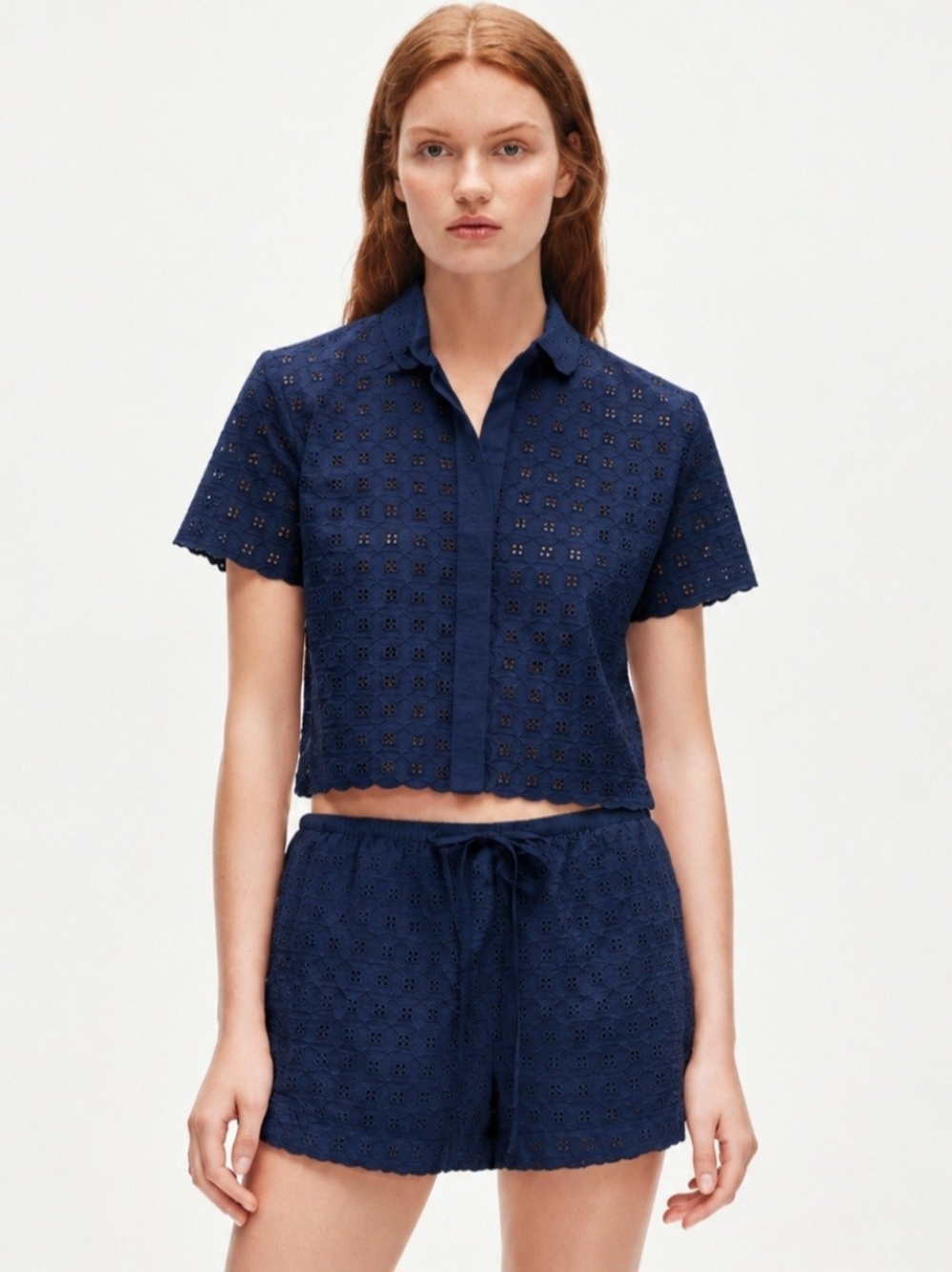 J. Crew NWOT Gamine Navy Eyelet Cropped Button-Front Shirt